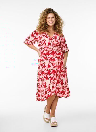 Zizzi Omslagskjole med trykk og korte ermer, Rød, Model image number 0