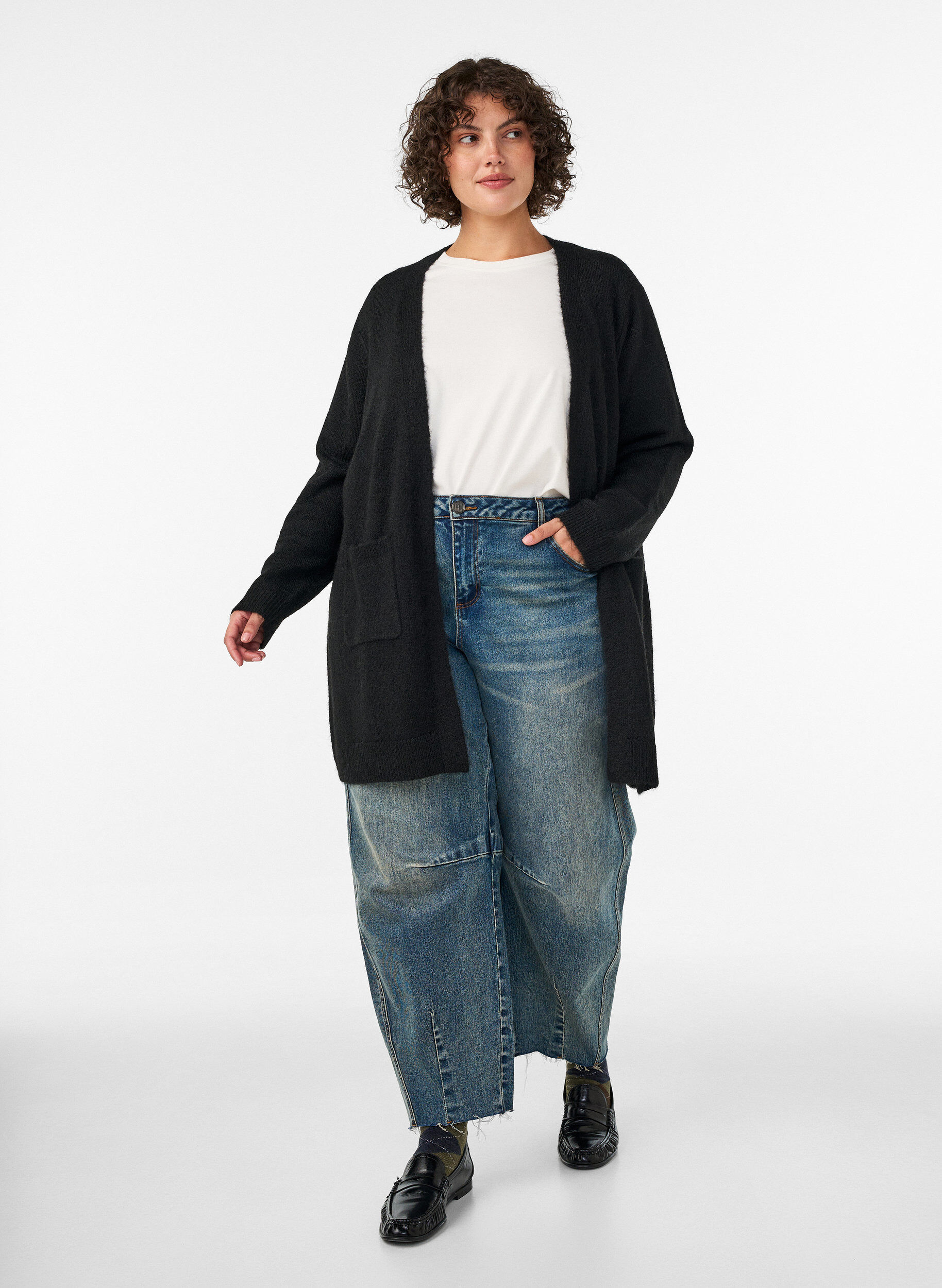 ZizziLang cardigan med lommer, Svart, Model image number 1