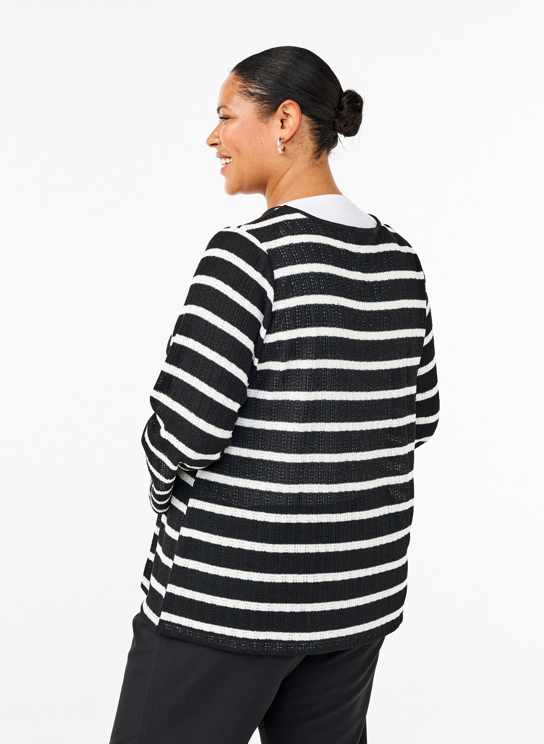 Zizzi Cardigan med knyteb&aring;nd, Black White stripe, Model image number 1