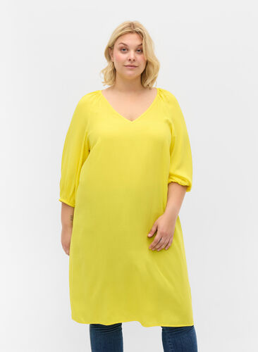 Kjole i viskose med V-hals, Blazing Yellow, Model image number 0
