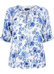 Viskosebluse med paisleymønster og albuelange ermer, B. White Big Flower