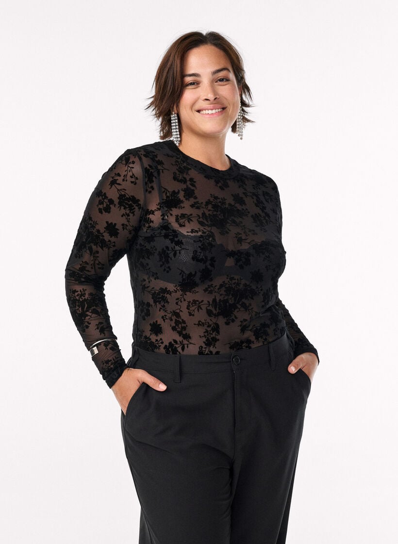 Bluse i mesh med blomstertrykk, Svart, Model
