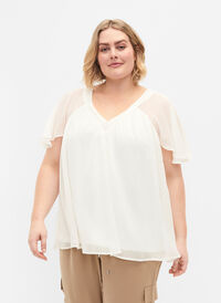 Ensfarget bluse med flaggermusermer og V-hals, Warm Off-white, Model