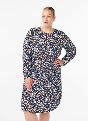 Zizzi Langermet skjortekjole med knytebelte, Blå, Model image number 0