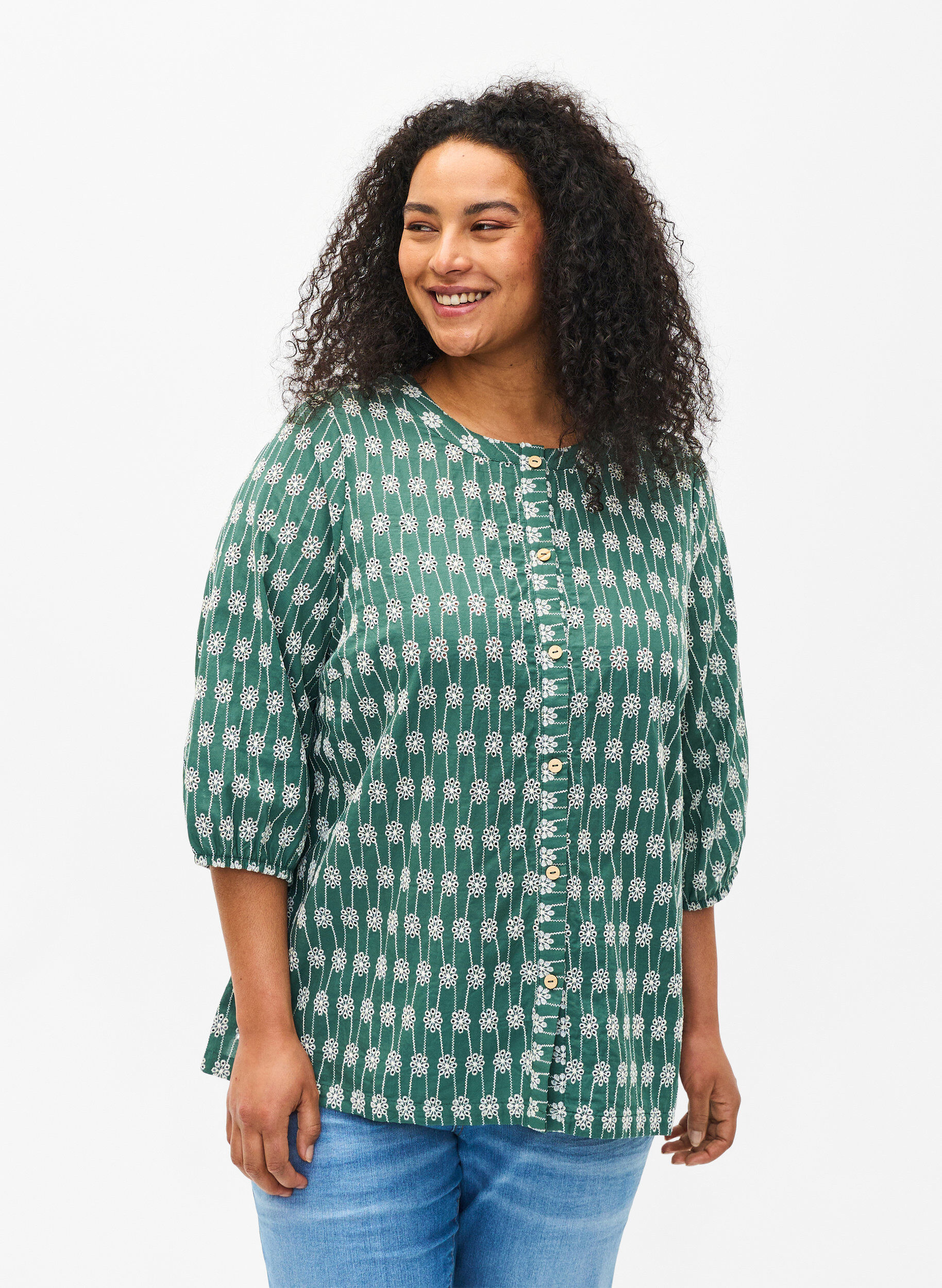 Zizzi Bomullsskjortebluse med blomsterm&oslash;nster, Dark Forest, Model image number 0