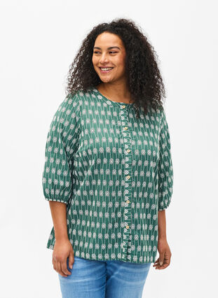 Zizzi Bomullsskjortebluse med blomstermønster, Dark Forest, Model image number 0