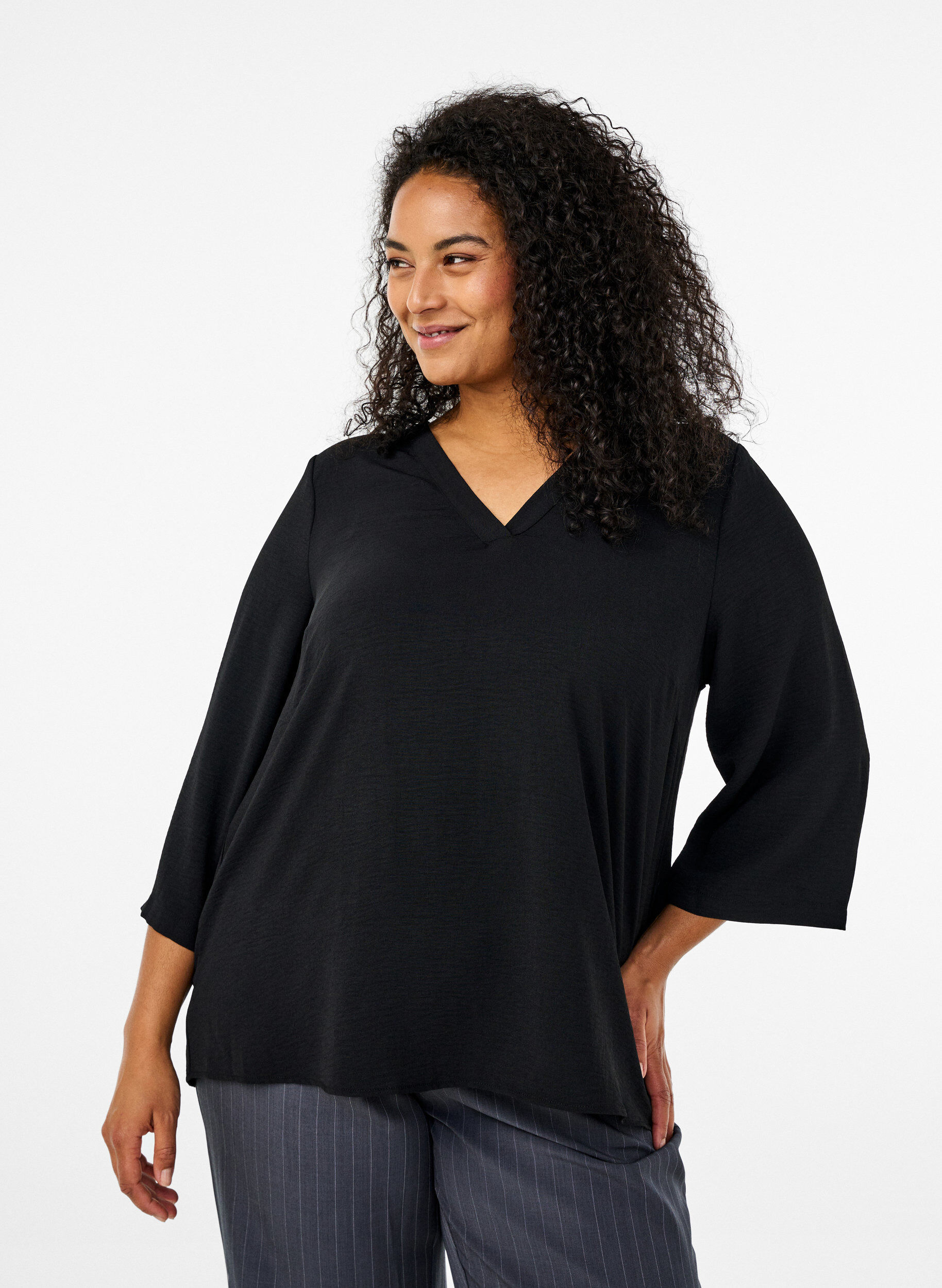 Bluse med 3/4 ermer, Svart, Model