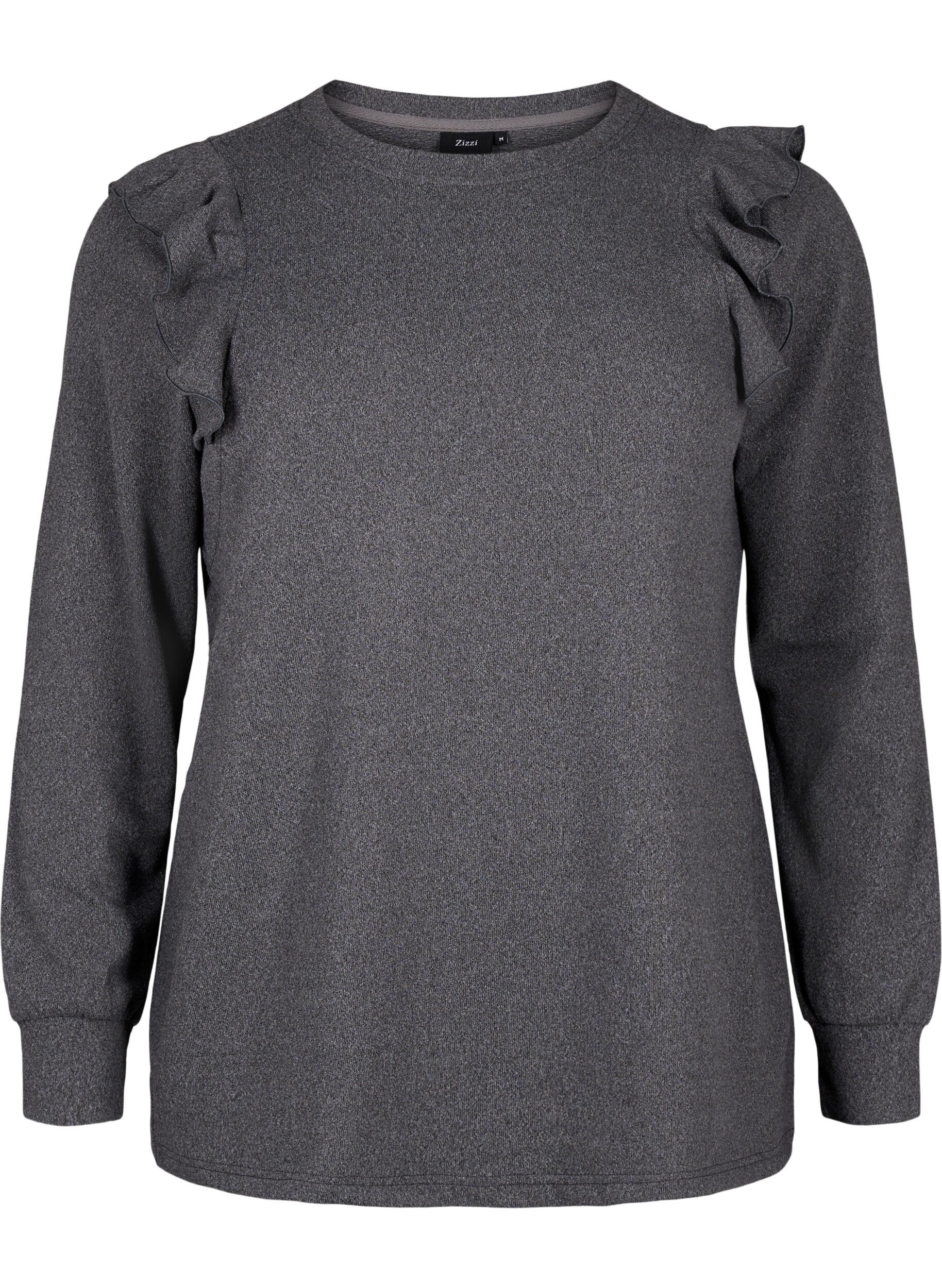 Zizzi Langermet bluse med volangdetaljer, Dark Grey Melange, Packshot image number 0