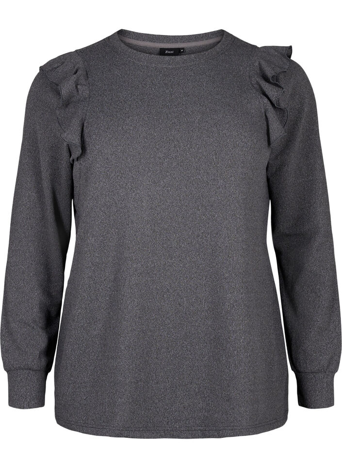 Langermet bluse med volangdetaljer, Dark Grey Melange, Packshot image number 0