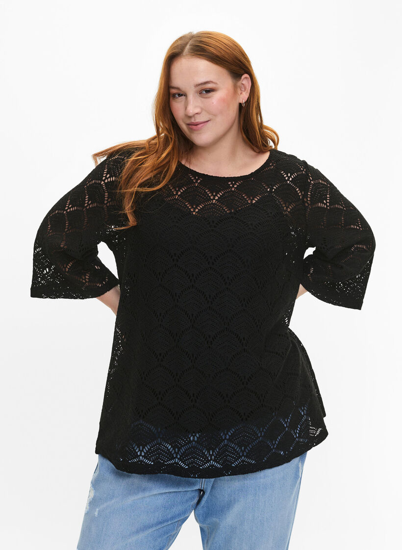 Hekle Bluse med 3 / 4 ermer, Black, Model image number 0