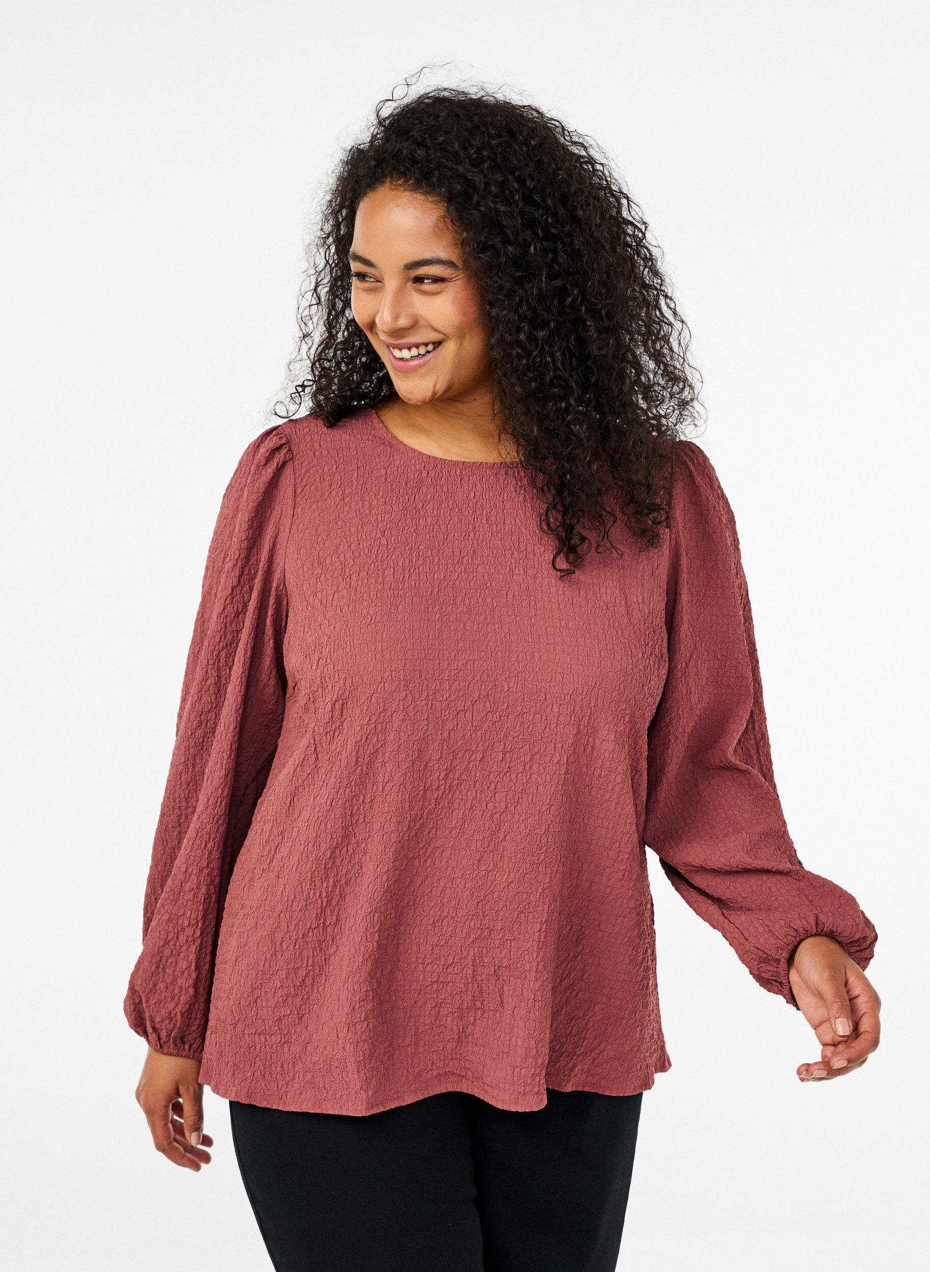 Zizzi FLASH - Langermet bluse med rund hals, Rose Brown, Model image number 0
