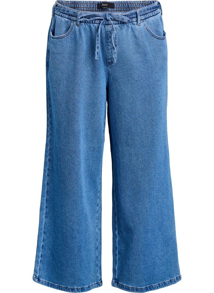 Loose fit-jeans med elastisk linning og snøring, Blue Denim, Packshot