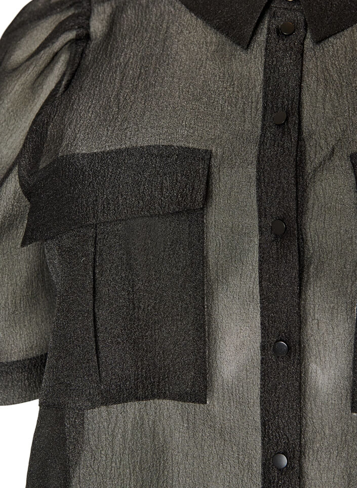Organza kjole med brystlommer og puff ermer, Svart, Packshot image number 2