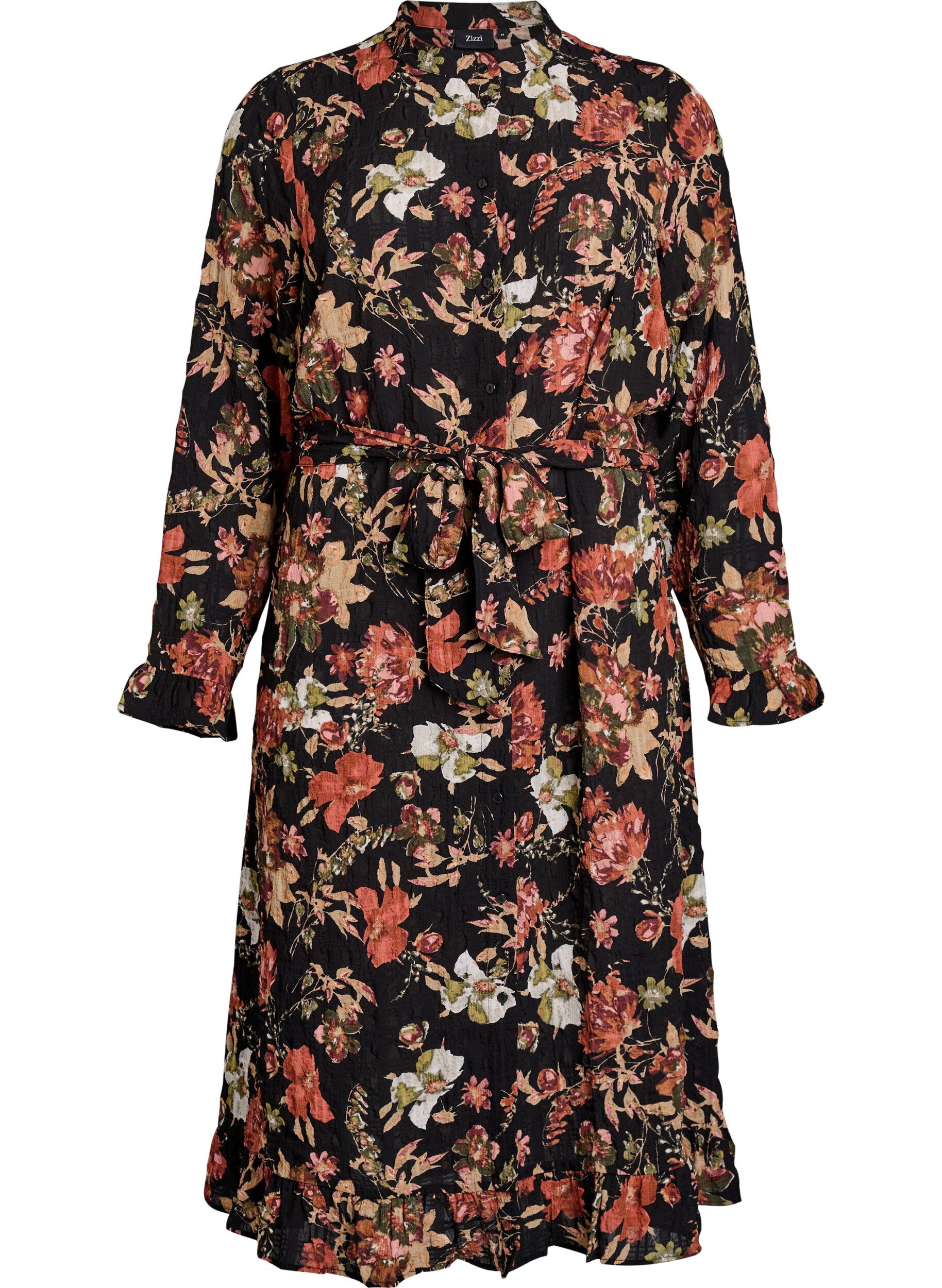 ZizziMidikjole med blomstertrykk og avtakbart knytebelte, Svart, Packshot image number 0