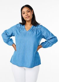 Stripete denimbluse med lange ermer, Blå Stripete denimbluse med lange ermer, Blå, Model