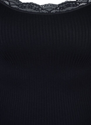 Ensfarget topp i et ribbet materiale med blonder, Black, Packshot image number 2