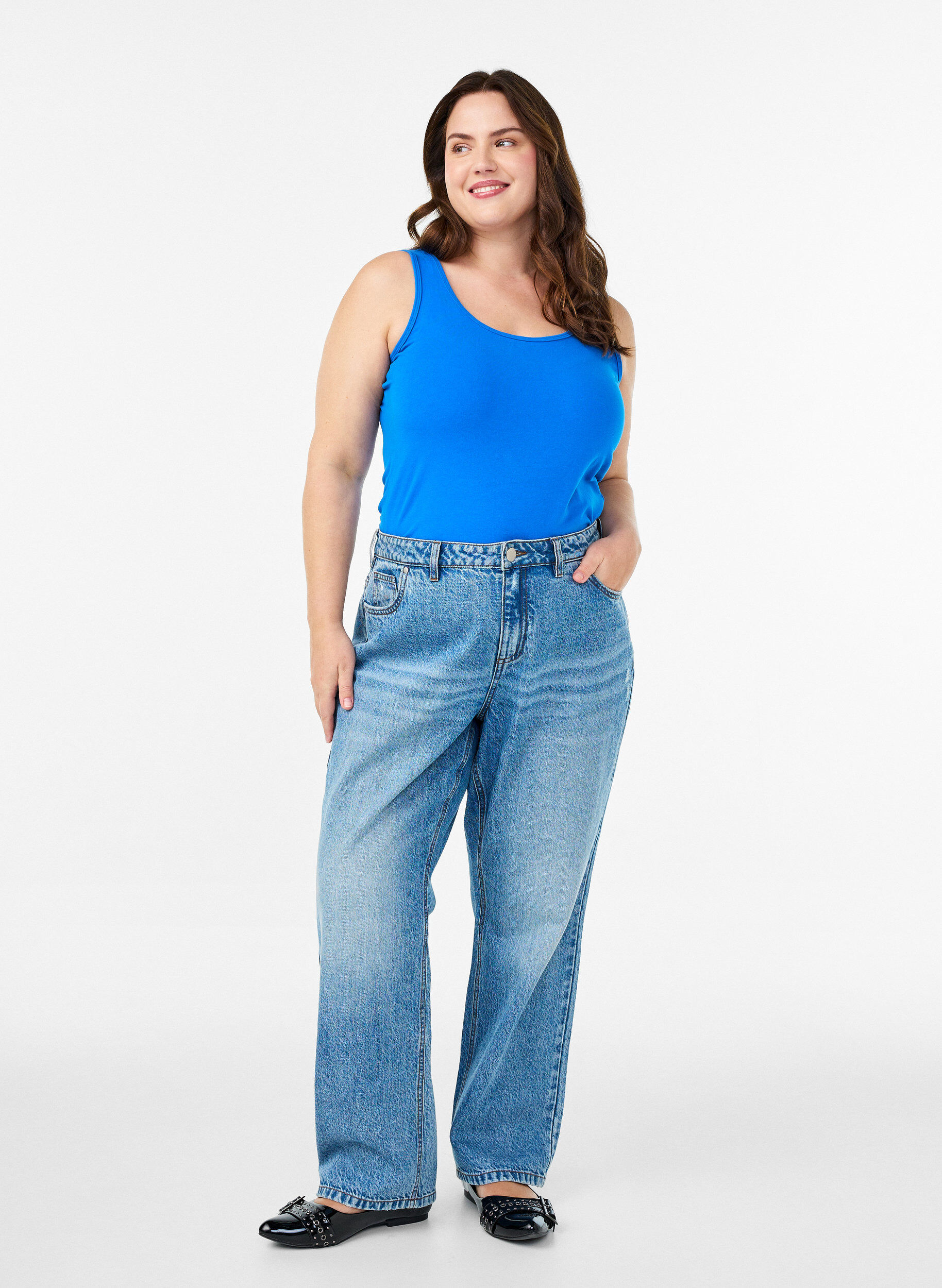 ZizziEnsfarget basic topp i bomull, Bl&aring;, Model image number 1