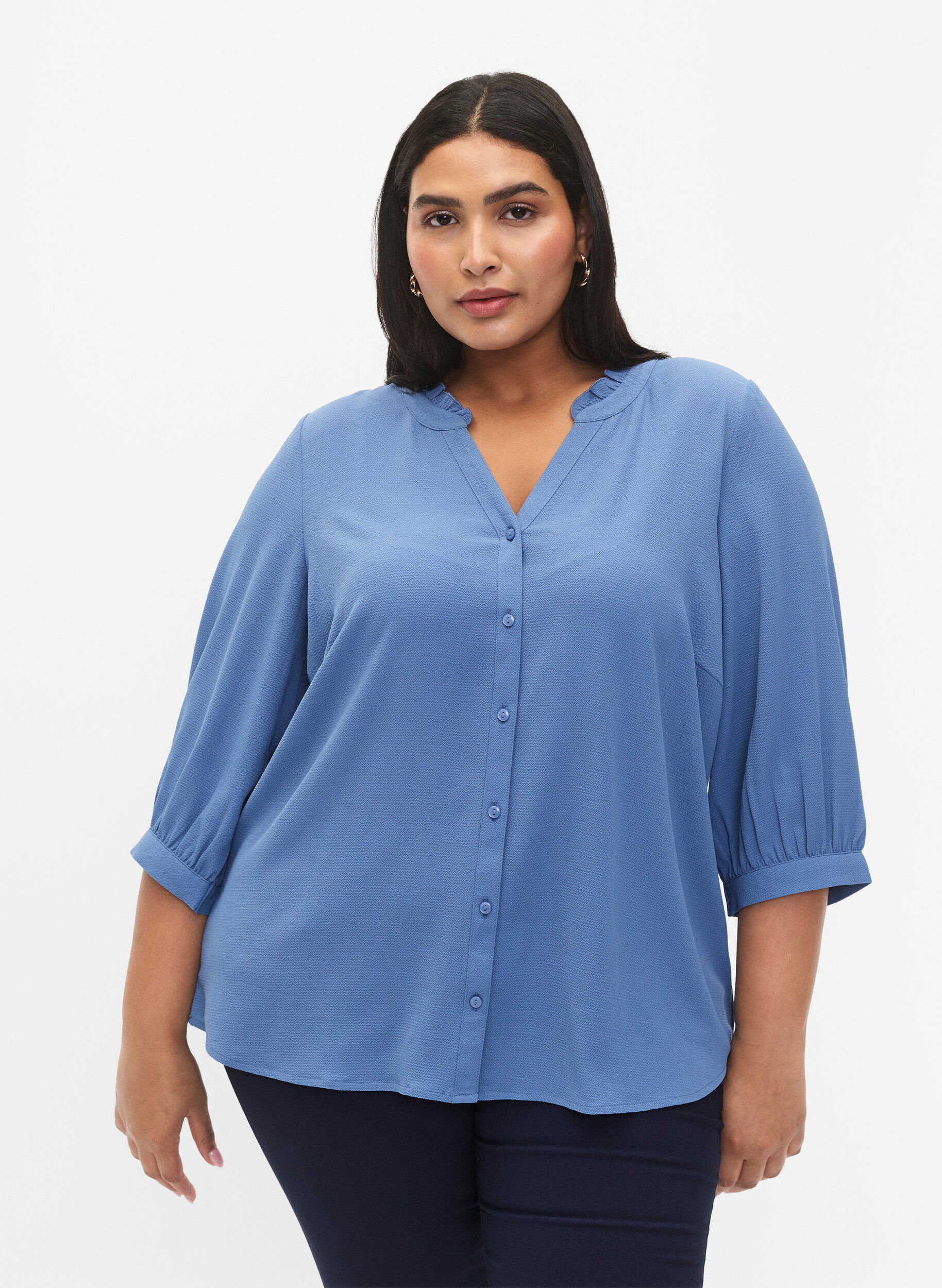 Zizzi Skjortebluse med 3/4-ermer og volangkrage, Moonlight Blue, Model image number 0