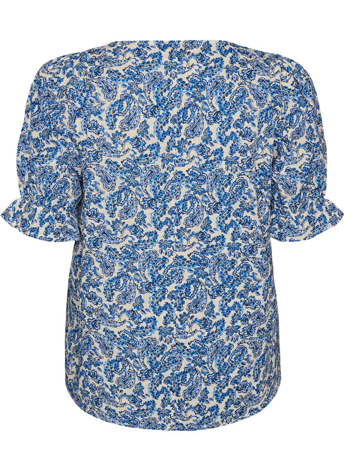 Bluse i bomull med firkantet utringning, Bl&aring;, Packshot image number 1
