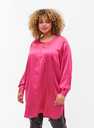 Lang shiny skjorte med splitt, Pink Flambé, Model image number 0