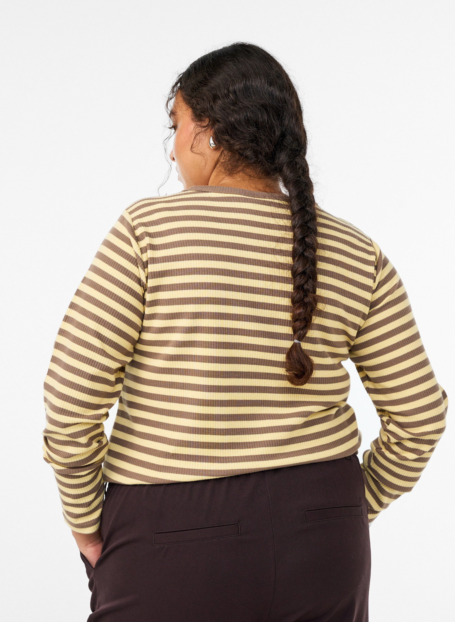 ZizziStripete bluse med lange ermer, Brun, Model image number 2