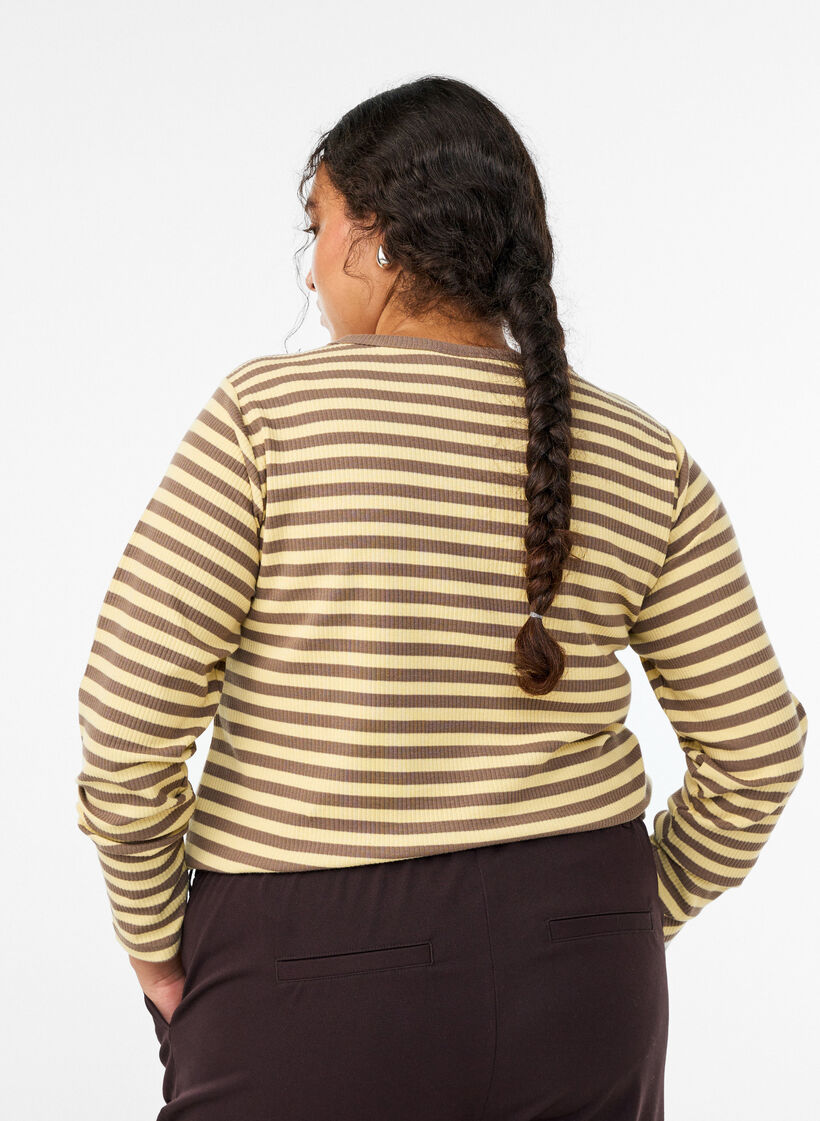 Stripete bluse med lange ermer, Brun, Model