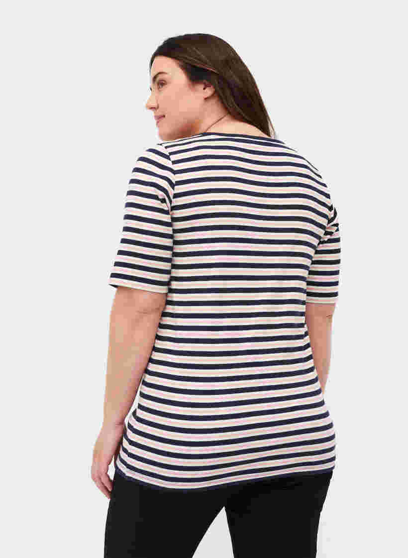 Stripete T-skjorte i bomull med ribbet struktur, Blue Rose Stripe, Model image number 1