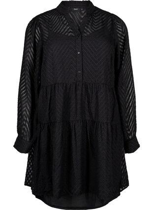 Zizzi Kort, strukturmønstret kjole med volangkrage, Black, Packshot image number 0