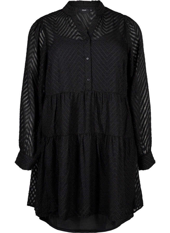 Kort, strukturmønstret kjole med volangkrage, Black, Packshot image number 0
