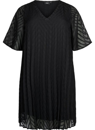 Kjole med korte ermer og struktur, Black, Packshot image number 0