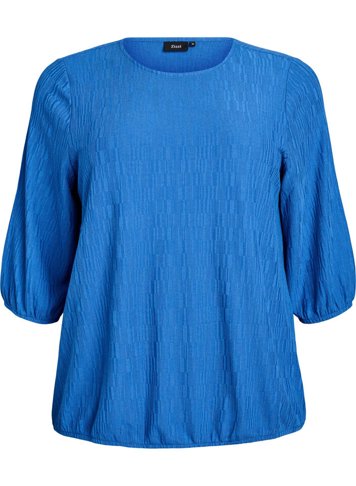 Bluse med tekstur og 3/4 ermer, Bl&aring;, Packshot image number 0