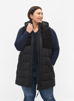 Lang vest med hette og glidelås, Black, Model image number 0