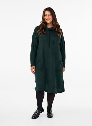 Zizzi Jerseykjole med høy hals og lommer, Grønn, Model image number 1