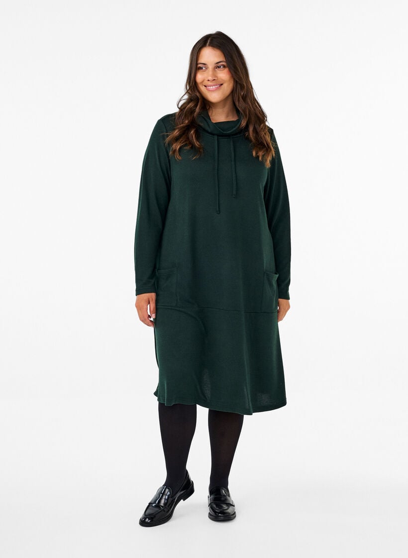 Jerseykjole med høy hals og lommer, Grønn, Model image number 1