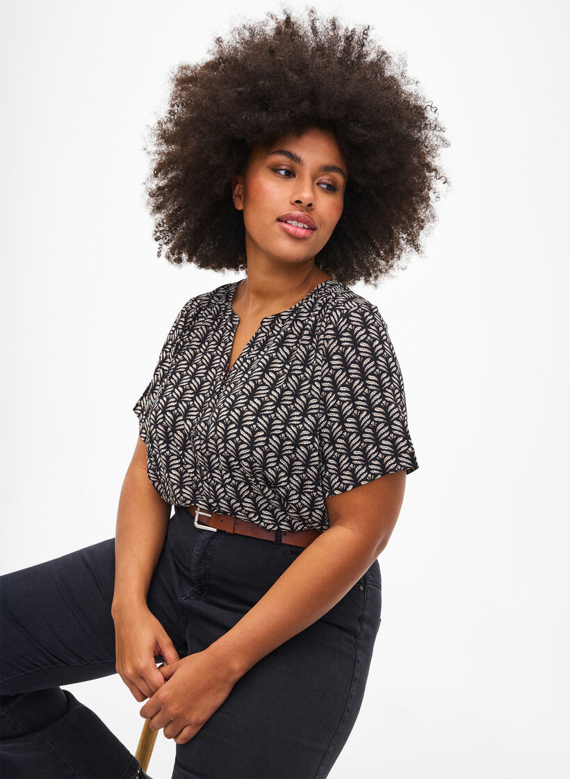 Bluse med korte ermer og V-hals, Black S.Graphic AOP, Image image number 1