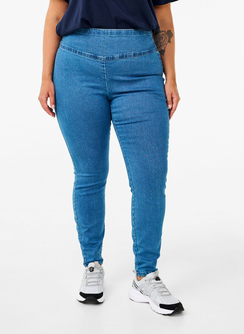 Elastiske jeggings med høy midje, Light Blue, Model image number 2