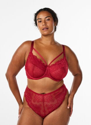 Zizzi Heldekkende blonder BH med stroppe detaljer, Rød, Model image number 1