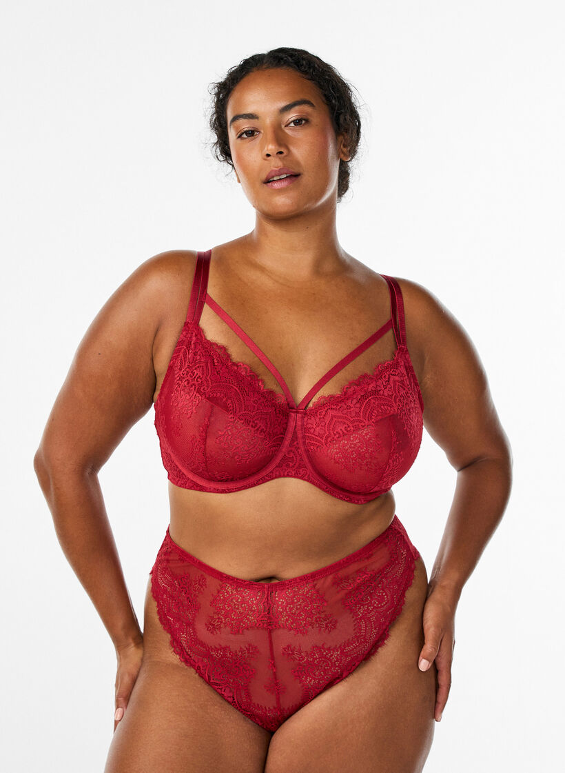 Heldekkende blonder BH med stroppe detaljer, Rød, Model image number 1