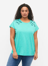 T-skjorte i bomull med mønsterdetalj, Turquoise C Leaf, Model
