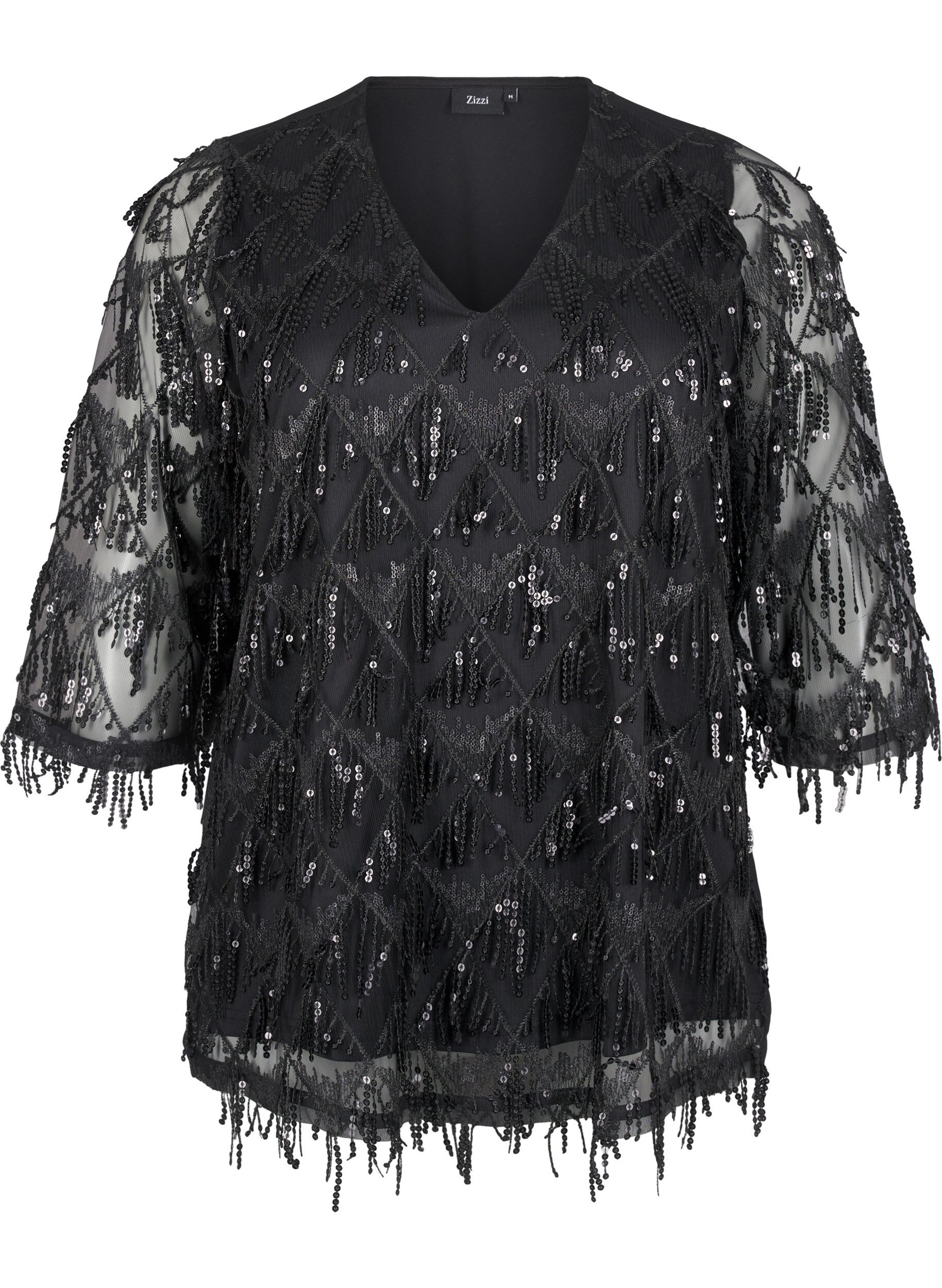 Zizzi Festbluse med paljettfrynser og 3/4-ermer., Black, Packshot image number 0