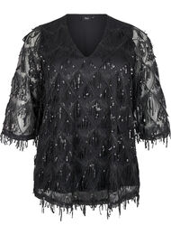 Festbluse med paljettfrynser og 3/4-ermer., Black