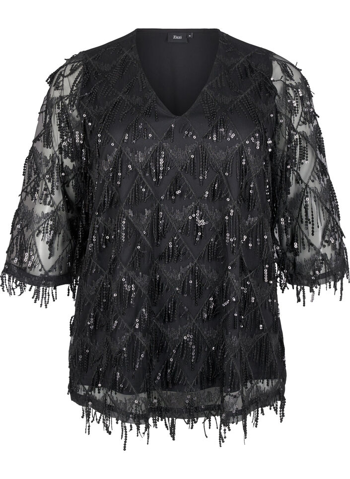 Festbluse med paljettfrynser og 3/4-ermer., Black, Packshot image number 0