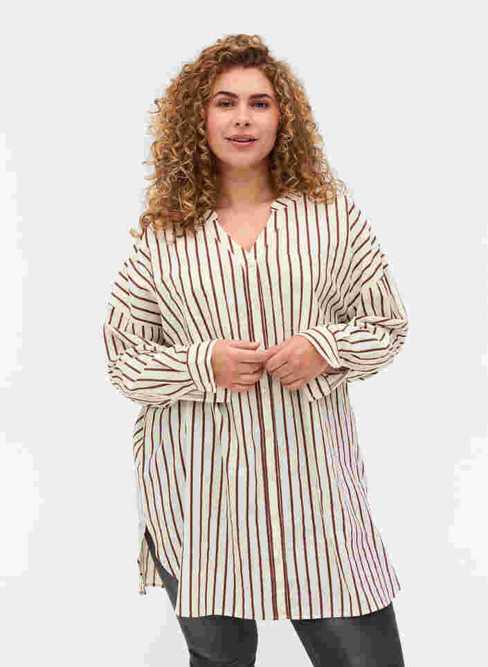 Lang stripete bomullsskjorte med V-hals, Stripe, Model image number 0