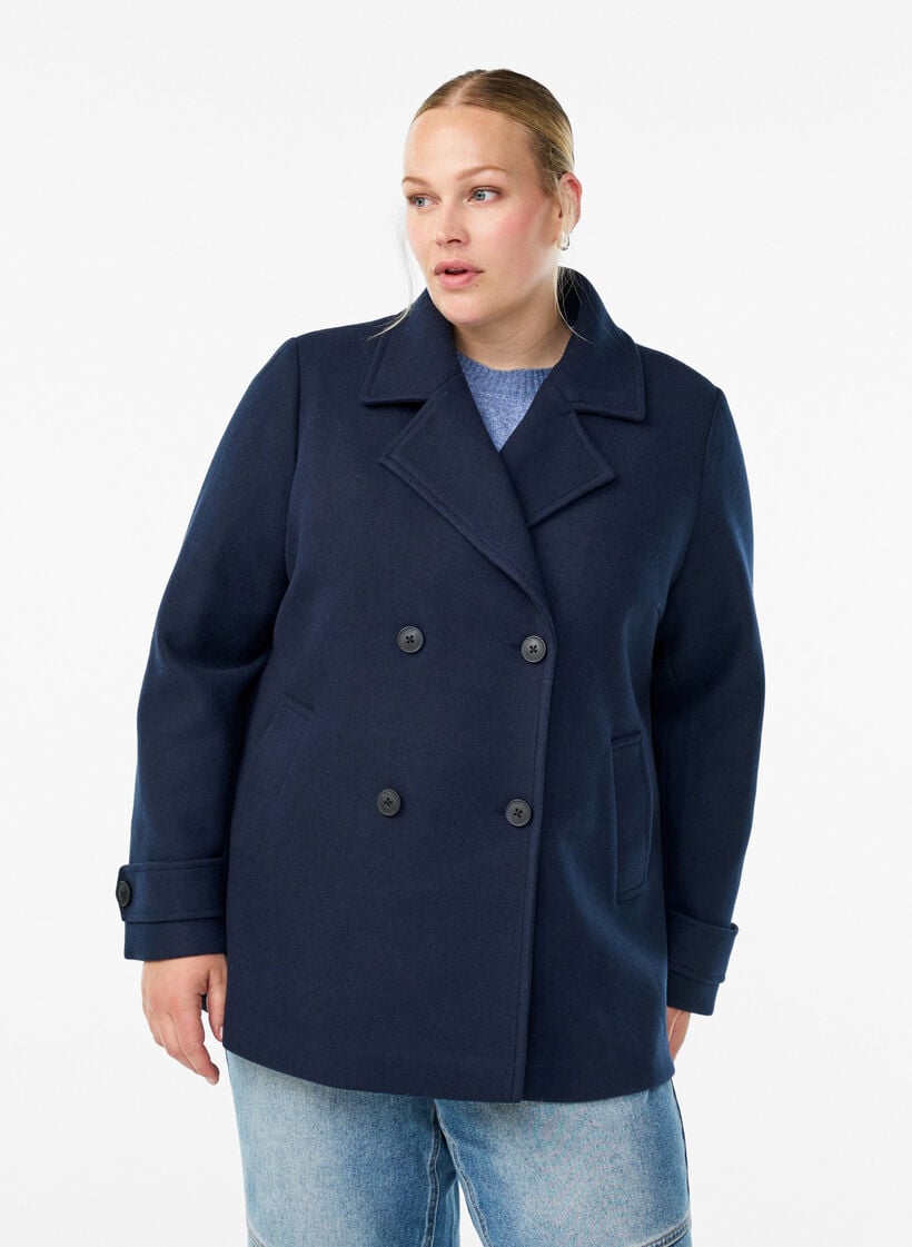 Kort k&aring;pe med dobbeltradede knapper, Bl&aring;, Model image number 0