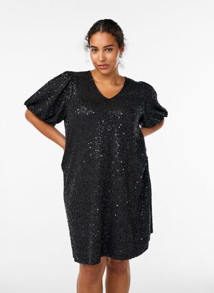 Zizzi Kort paljettkjole med puffede ermer, Svart, Model image number 0