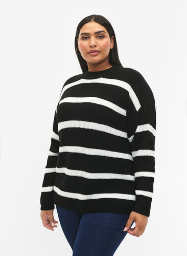 FLASH - Strikket genser med striper, Black/White Stripe, Model image number 0