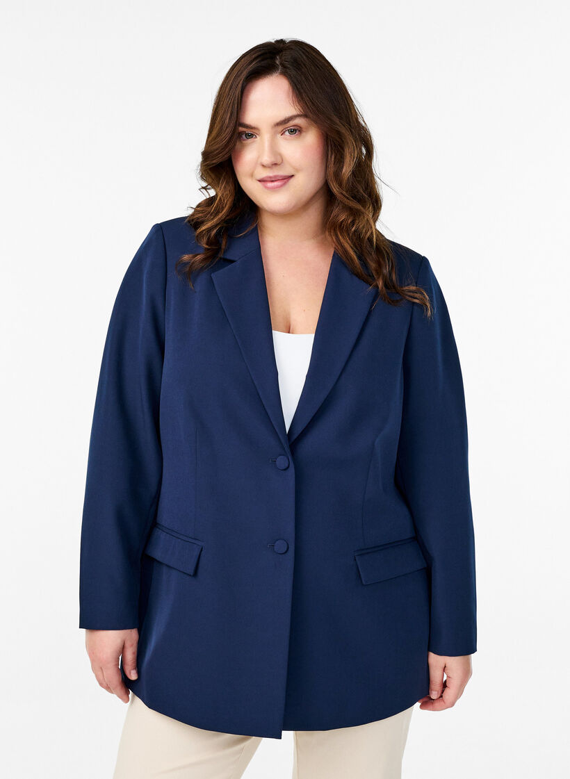 Klassisk blazer med knappelukking, Bl&aring;, Model image number 0