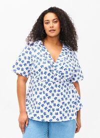 Omslagsbluse i bomull med blomstertrykk, B.White/Small Flower Omslagsbluse i bomull med blomstertrykk, B.White/Small Flower, Model