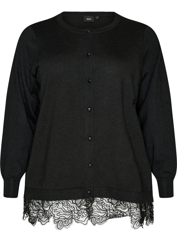 Cardigan med bred blondekant, Svart, Packshot image number 0