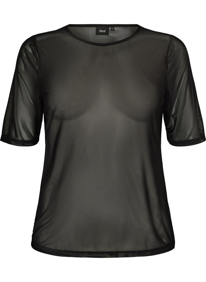 Mesh topp med korte ermer og rund hals, Svart, Packshot image number 0